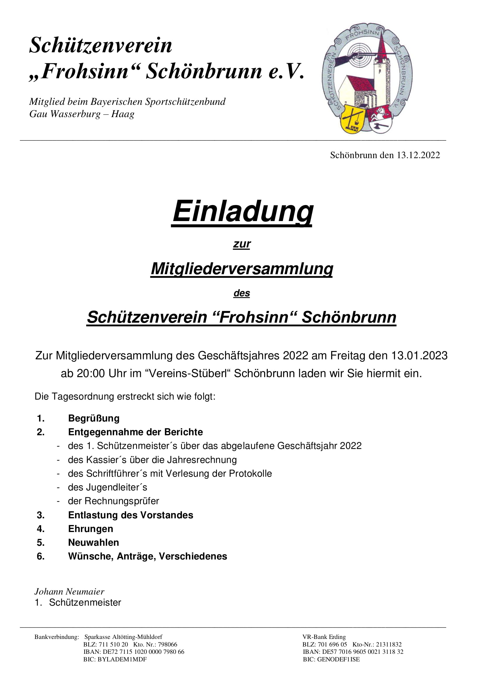 Jahreshauptversammlung Mit Neuwahlen Am 13.01.2023 – "Frohsinn" Schönbrunn